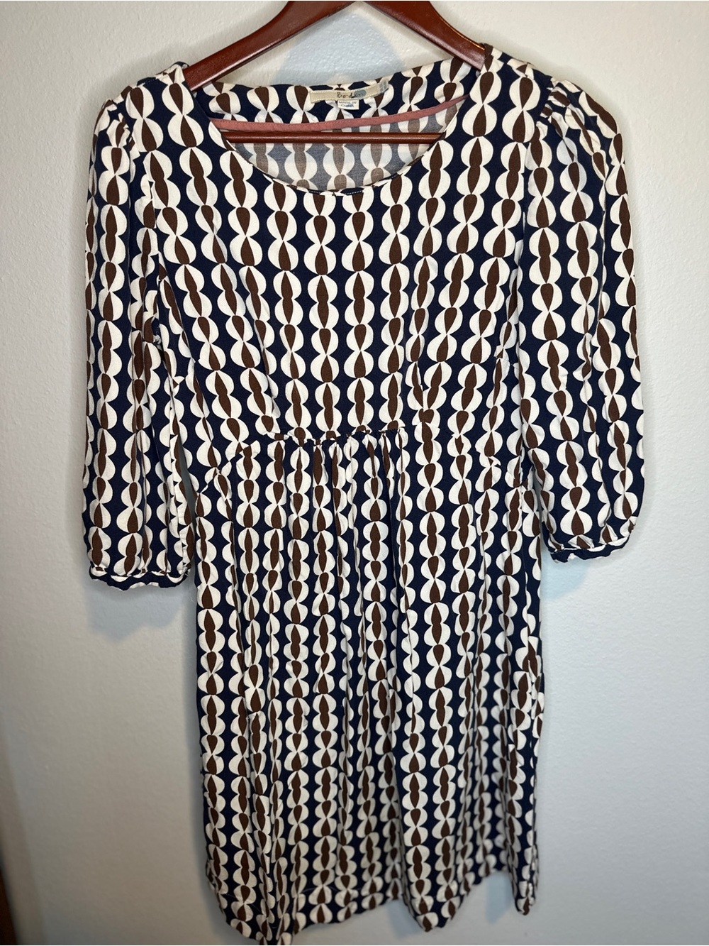Boden Navy & Brown Geometric Mini Dress 3/4 Sleeve
